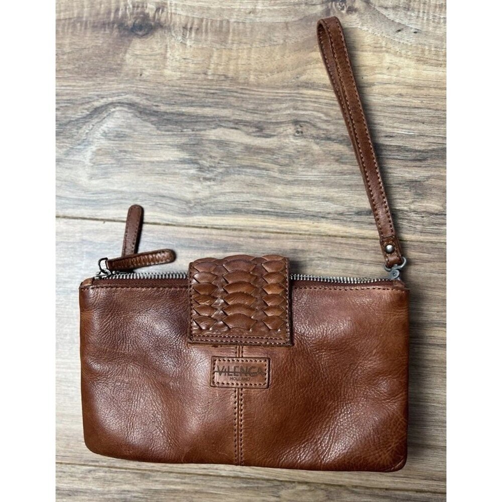 Vilenca Holland Brown Leather Wristlet Clutch Woven Textured Women’s